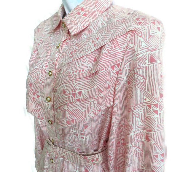 Vintage 70s 80s Dress Secretary Day Pockets Geometric Pink Pearlized Buttons L - Picture 5 of 15
